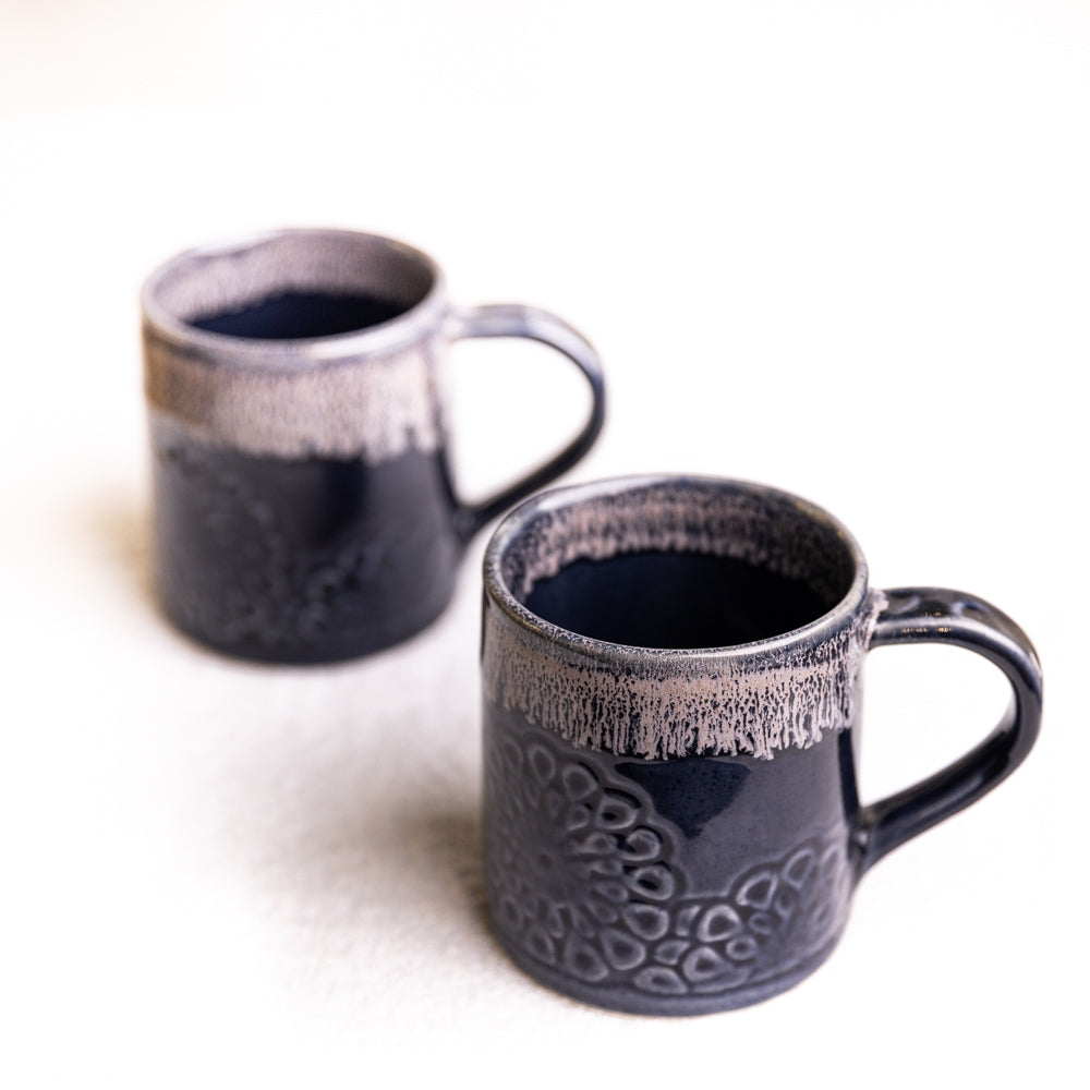 Navy Flower Embossed Ceramic Mug