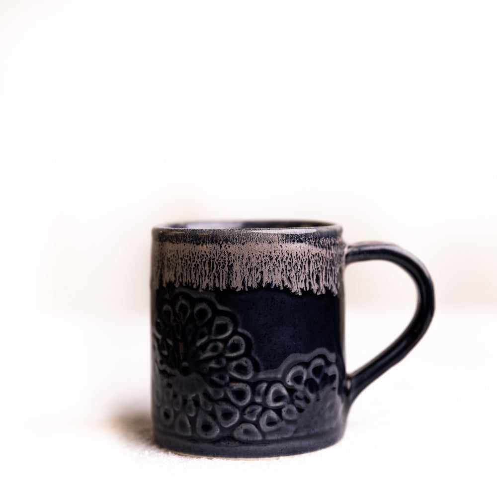 Navy Flower Embossed Ceramic Mug