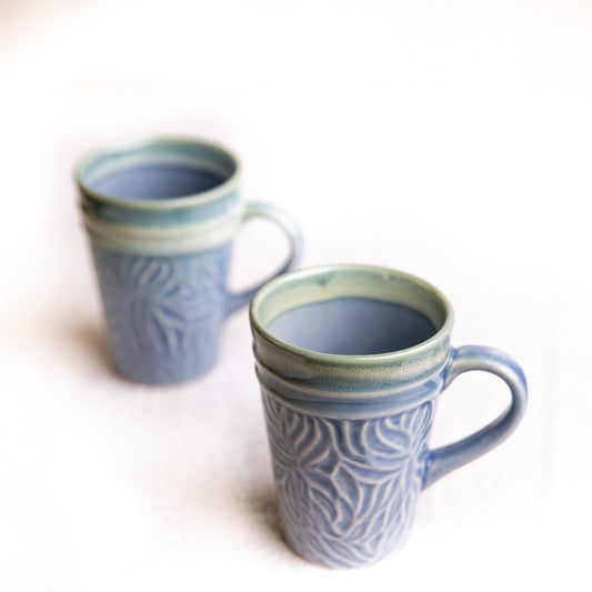 Pastel Blue & Green Floral Embossed Ceramic Mug (Set of 2)