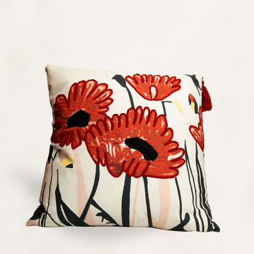 Cream / Red Embroidered Cushion Cover