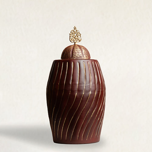 Maroon Ribbed Metal Jar With Lid