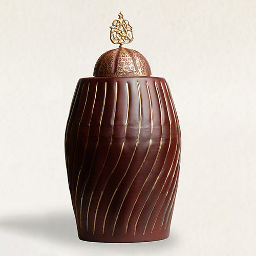 Maroon Ribbed Metal Jar With Lid