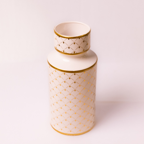 White & Gold Geometric Design Ceramic Vase – Large