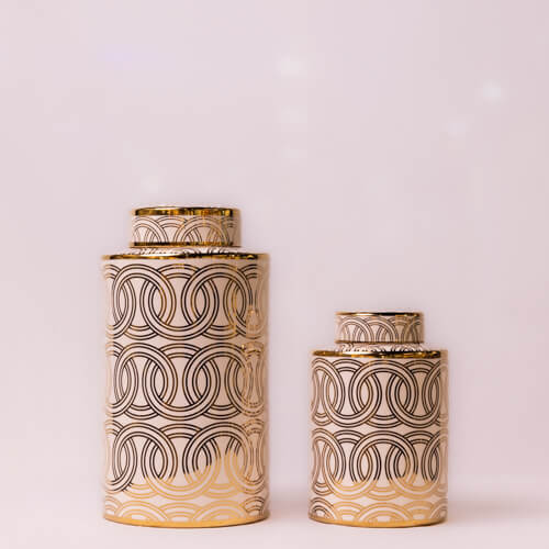 Spiral White & Gold Ceramic  Canister  With Lid Large