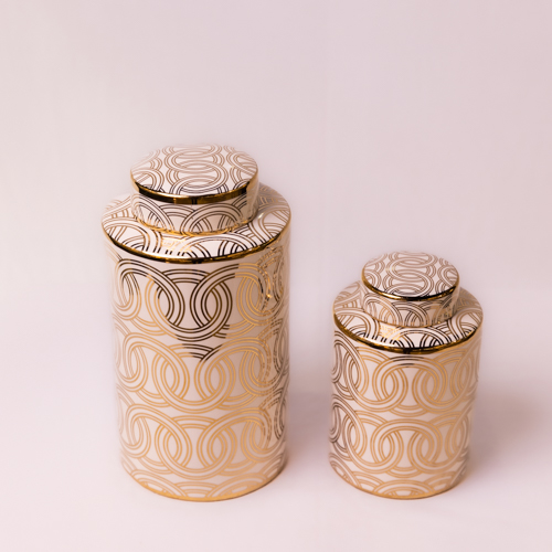 Spiral White & Gold Ceramic Canister With Lid Medium