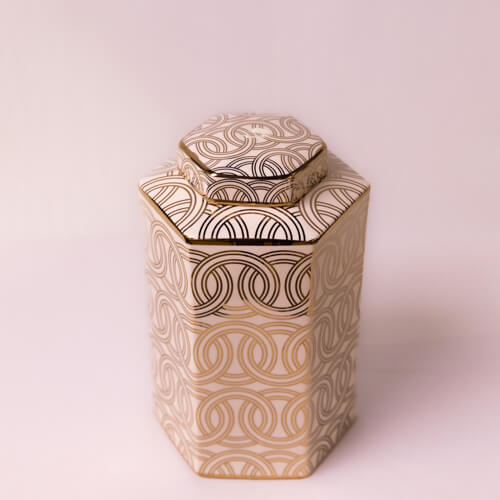 Spiral White & Gold Hexagonal Ceramic Jar With Lid Large