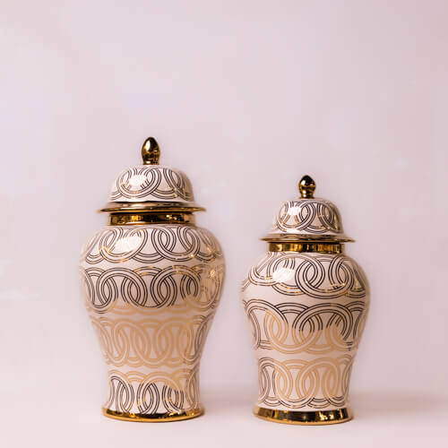 Spiral White & Gold  Ceramic Urn  With Lid – Large
