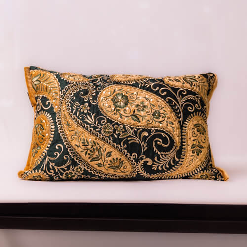 Dark Green Cushion Cover With Gold Patchwork And Floral Embroidery