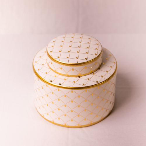 White & Gold Round Ceramic Jar With Lid – Small