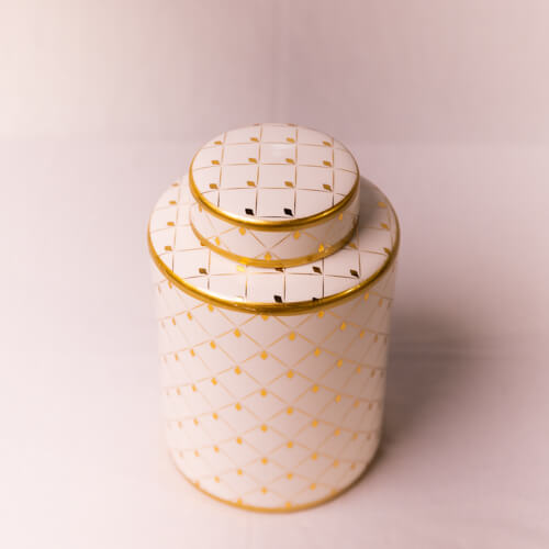White & Gold Round Ceramic Canister With Lid – Medium
