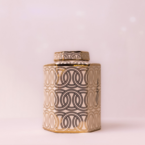 Spiral White & Gold Hexagonal Ceramic Jar With Lid Medium