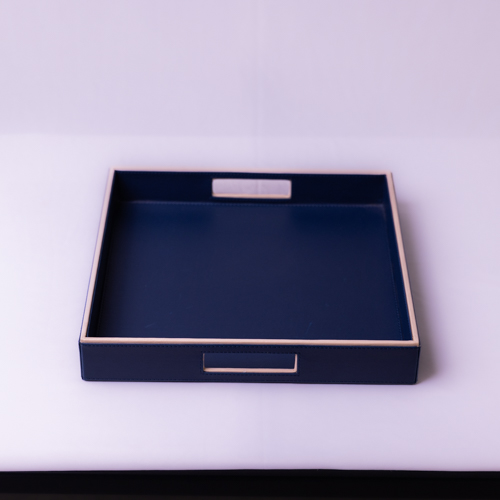 Navy Blue Square Faux Leather Tray- S
