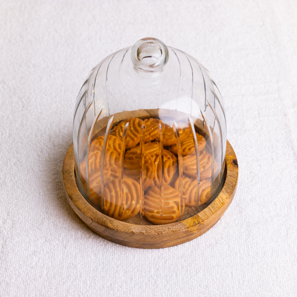 Ribbed Glass Cloche With Wooden Base
