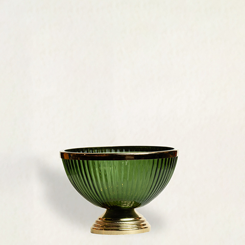 Green Ribbed Glass Bowl On Stand