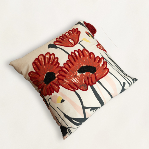 Cream / Red Embroidered Cushion Cover